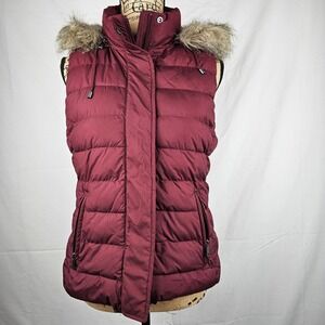 Banana Republic‎ Puffer Vest Womens S Petite Burgundy Hooded Faux Fur Trim